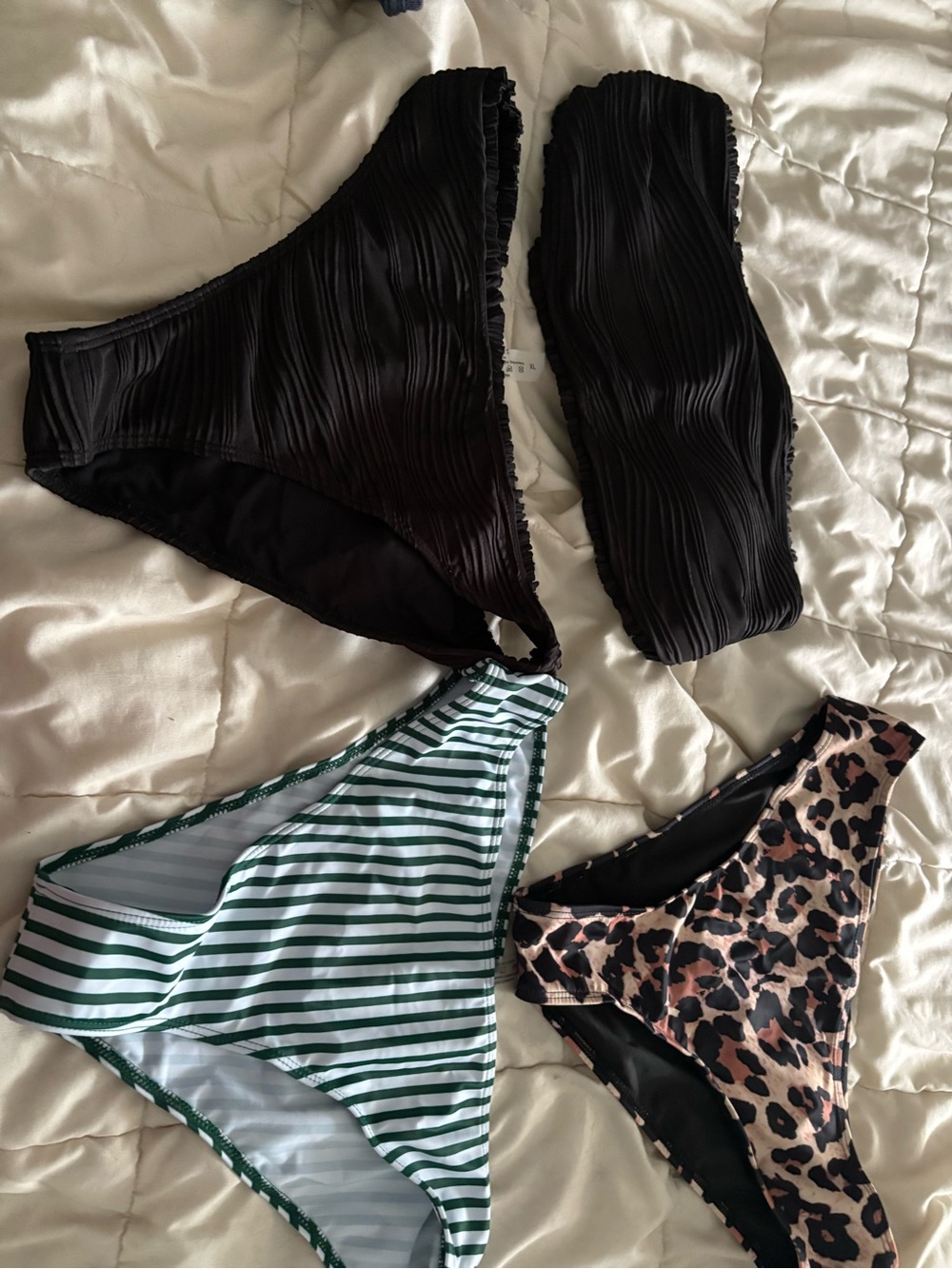 Mixed Bikini Bottoms Set - Black, Green Stripe & Leopard